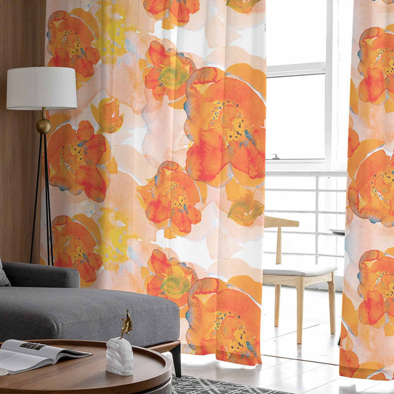 Super Six Chiffon-Fenstervorhang mit handgemaltem orangefarbenem Aquarell-Blumenmuster, transparent, B: 135 cm, H: 160 cm - Bild 5