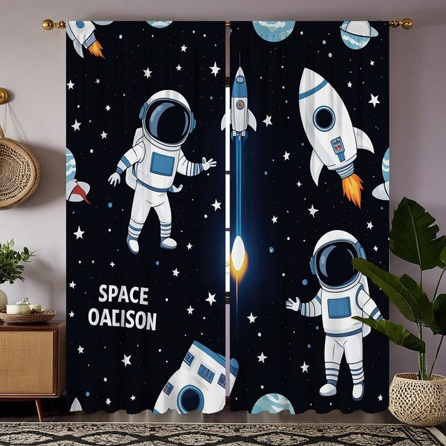 2er-Set Astronauten und Weltraum Vorhänge mit Cartoon-Planeten Design in Schwarz Weiß Blau, B: 132 cm, H: 160 cm - Bild 1