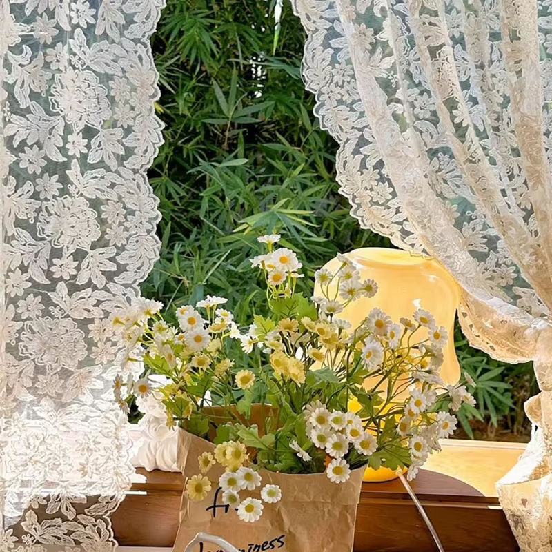 ZJBYZHOUSEHOLD Transparenter Vorhang mit floraler Stickerei im Vintage-Stil, Creme Beige, B: 120 cm, H: 130 cm - Bild 5