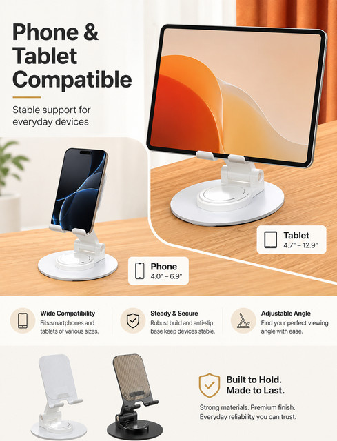 Faltbarer 360 Grad drehbarer Smartphone-Halter aus Aluminium in Schwarz, universeller Metall-Desktop-Ständer für 4-7 Zoll Mobiltelefone - Bild 1