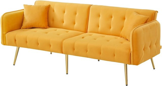 Merax Schlafsofa 2 Sitzer aus Velours in Gelb mit verstellbaren Armlehnen und Massivholzrahmen - Bild 1