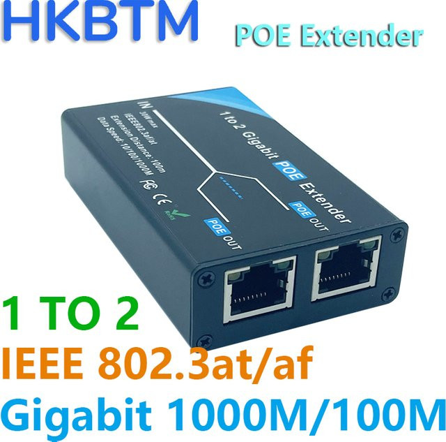 HKBTM Gigabit 2-Port PoE-Extender in Schwarz, IEEE 802.3af/at PoE+ Standard, 10/100/1000 Mbit/s, PoE-Repeater für bis zu 100 Meter Reichweite - Bild 1