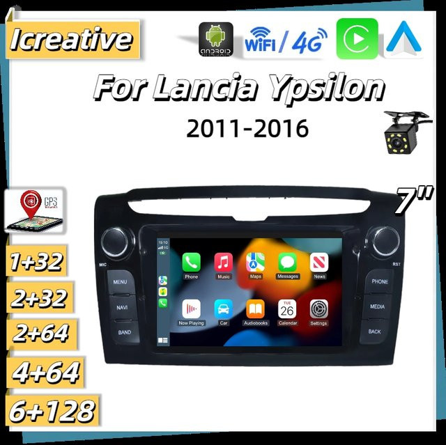 Icreative Android Autoradio für Lancia Ypsilon 2011-2016 mit 7 Zoll Display, Wireless Carplay und Multimedia Navigation, Schwarz - Bild 1