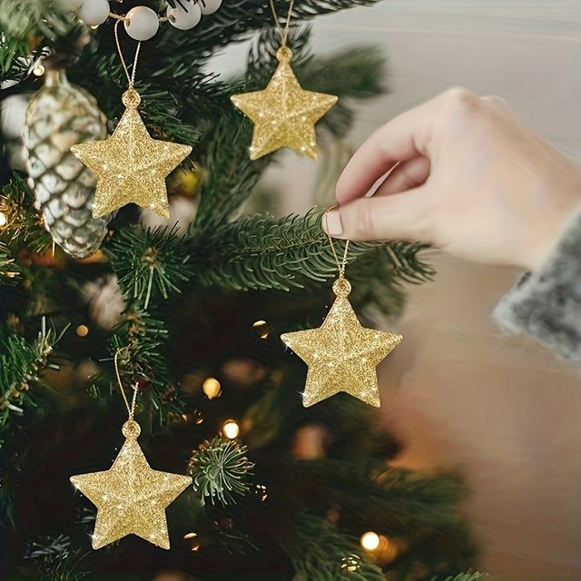DUTRIEUX 12er Set glitzernde Sternornamente in Gold und Silber als wiederverwendbarer 3D Weihnachtsbaumschmuck zum Aufhängen - Bild 1