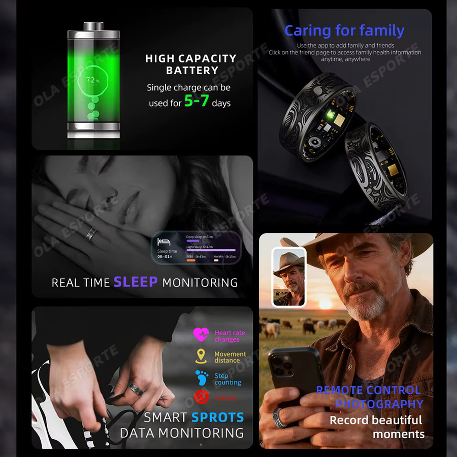 Ola Esporte Smartring in Schwarz mit Schlaf- und Gesundheitsüberwachung sowie Fitness-Schrittzähler und wasserfester Technologie - Bild 2