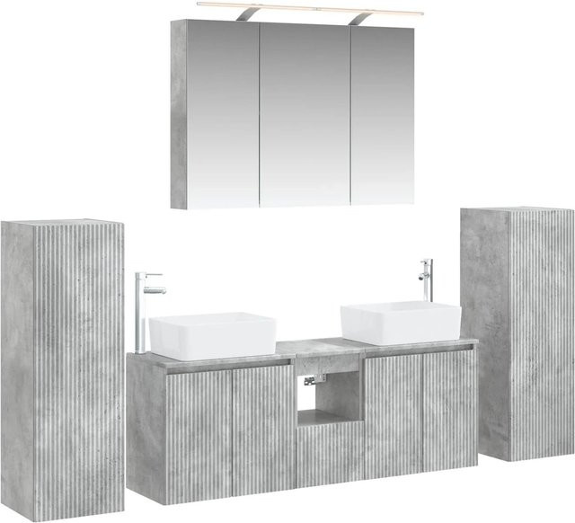 vidaXL Badezimmermöbel-Set 6-teilig in Betongrau mit Glas und Ingenieurholz, modern mit Spiegelschrank, Wandschrank und Waschtischunterschrank inklusive LED-Beleuchtung - Bild 1