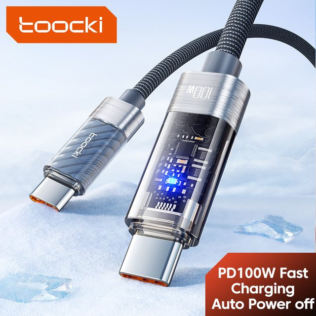 Toocki USB-C zu USB-C Kabel mit 100 W Schnellladefunktion und automatischer Abschaltung, 5 A, transparent Blau - Bild 1