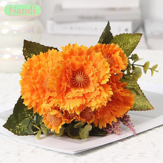 NANDI Künstliche Gerbera Sonnenblumen in Orange und Blau, 7-köpfige Dekofloristik für Hochzeiten und Heimdekoration - Bild 1