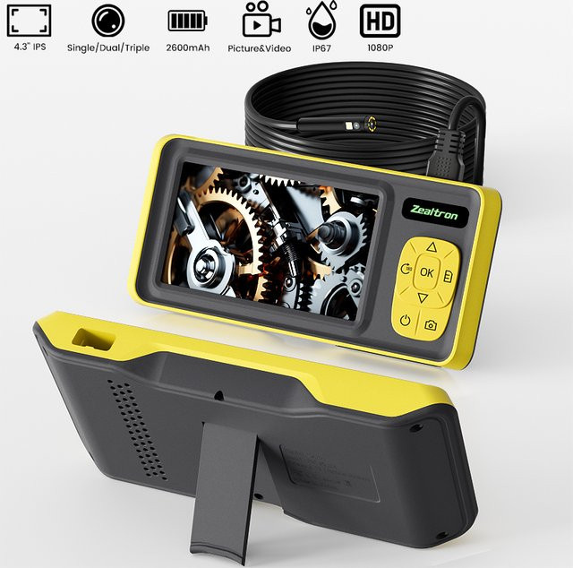 VISHRT Endoskopkamera mit 4,3 Zoll Bildschirm, HD1080P, Autofokus-Objektiv, LED-Video USB-Sonde, wasserdichtes Boreskop in Gelb - Bild 1