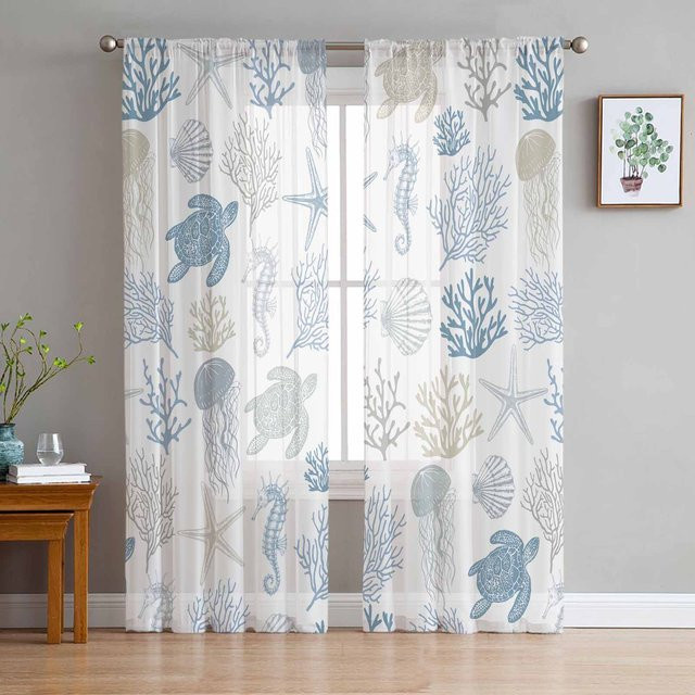 Transparente Tüll-Gardine mit Meeresmotiven wie Schildkröten, Seesternen und Korallen, Farbe: Transparent/Mehrfarbig, Breite: 135 cm, Höhe: 137 cm - Bild 1