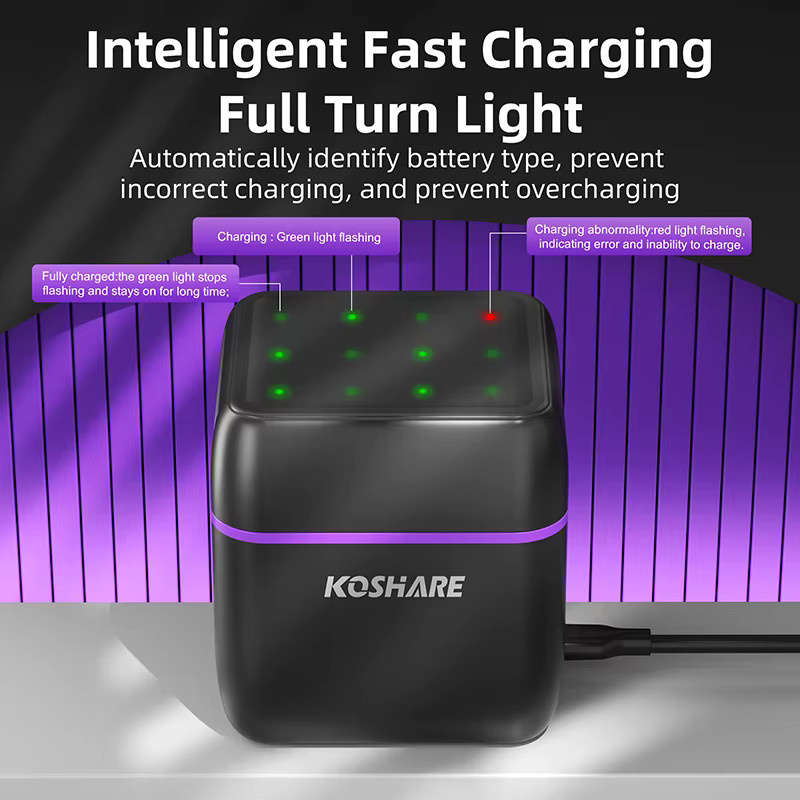 KOSHARE Akku-Ladegerät-Set mit wiederaufladbaren Li-Ionen-Akkus AA 4255 mWh und AAA 1100 mWh sowie Smart Schnell-Lade-Etui und 12-Fach LED-Anzeige - Bild 2