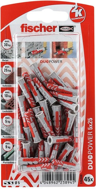 Fischer DuoPower Dübel aus Nylon in Grau und Rot, Durchmesser: 5 mm, Länge: 25 mm, 45 Stück - Bild 1
