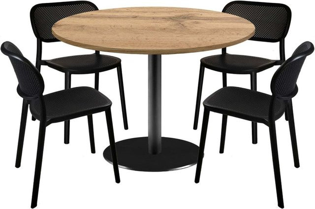 RestooTab Esstisch-Set Rome XL mit 4 Stühlen, runder Esstisch in Eiche mit schwarzem Gestell, Durchmesser: 120 cm, Höhe: 75 cm - Bild 1