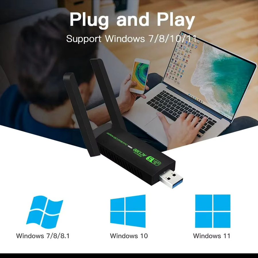 Kebidumei USB 3.0 WiFi Adapter mit Bluetooth 4.2, Dual Band 2,4G/5GHz, 1300Mbps Netzwerkkarte in Schwarz - Bild 6