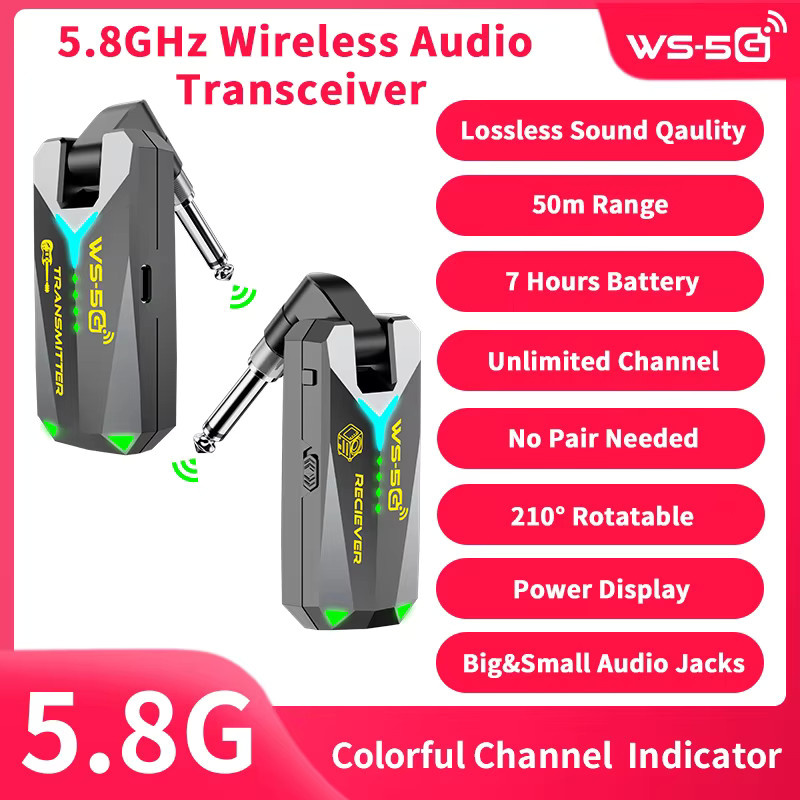 JAMJUM WS-5G 5,8GHz Kabelloser Audio-Sender und -Empfänger in Schwarz mit 3,5 mm und 6,35 mm drehbarem Anschluss - Bild 2