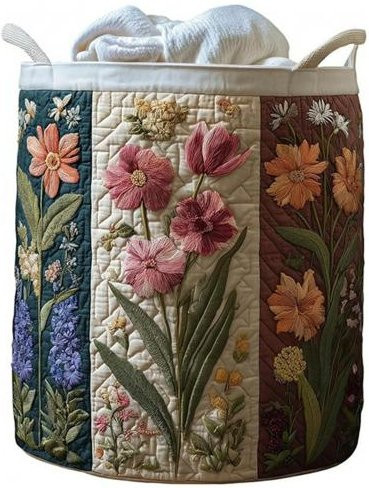 Yousheng Gesteppter Wäschekorb aus Stoff mit Blumenmuster und Griffen in Grau - Bild 1