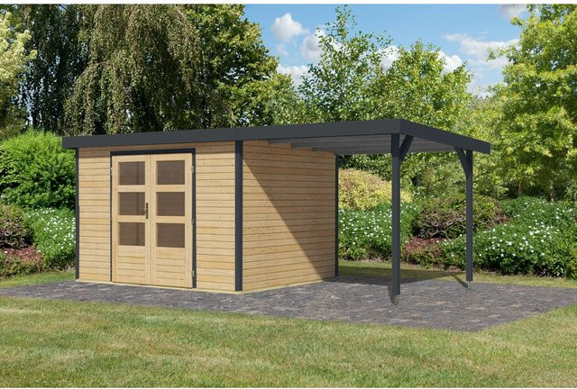 Karibu Gartenhaus Ernesto mit Anbaudach in Natur und Anthrazit, B/T/H: 298 x 209 x 242 cm - Bild 1
