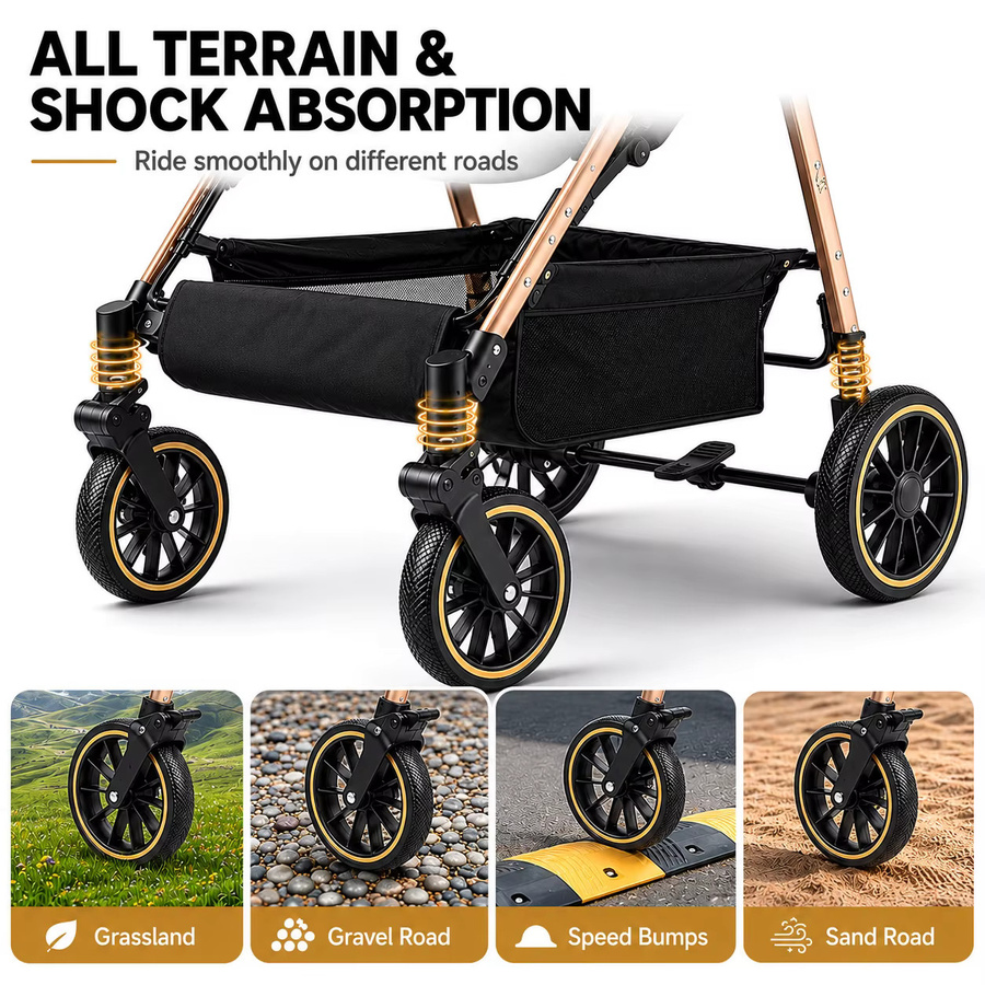 3-in-1 Baby-Kinderwagen Reisesystem mit Babywanne und Babyschale, faltbar und leicht, Schwarz-Gold mit Stoßdämpfung und EVA-Rädern - Bild 6