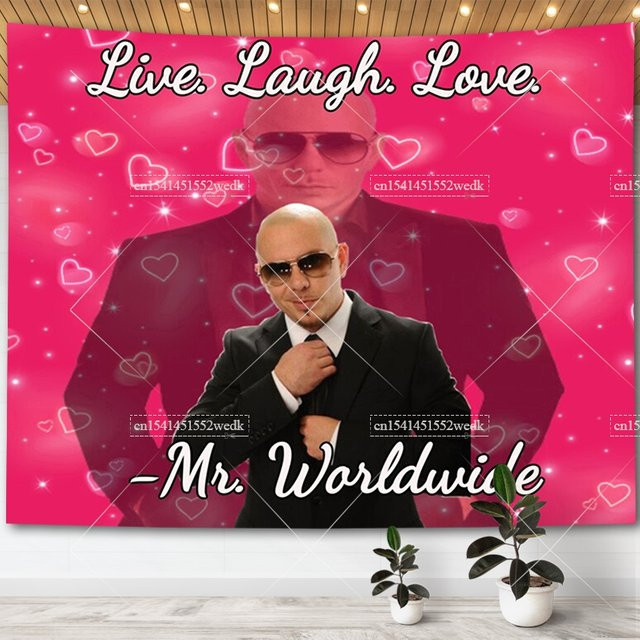 Mr. Worldwide Live Laugh Love Wandbehang mit Pitbull Meme Motiv in Pink als Textil-Tapisserie - Bild 1
