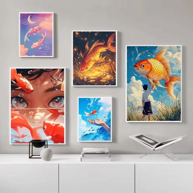 Potdemiel Klassisches Leinwandgemälde mit goldenen Koi-Fischen als surreales Wandbild zur Wohnzimmerdekoration - Bild 2