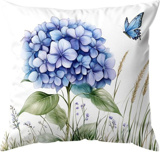 Delampa Hortensien Kissenbezug aus Polyester mit floralem Design in Blau, B/B: 66 x 66 cm - Bild 1