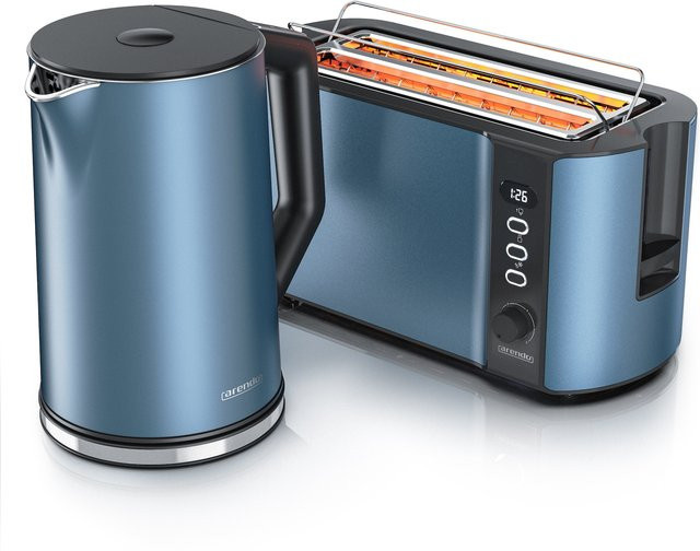 Arendo 2-teiliges Frühstücksset aus Edelstahl mit Wasserkocher 1,5 l und 4-Scheiben Langschlitz Toaster in Blau Matt - Bild 1