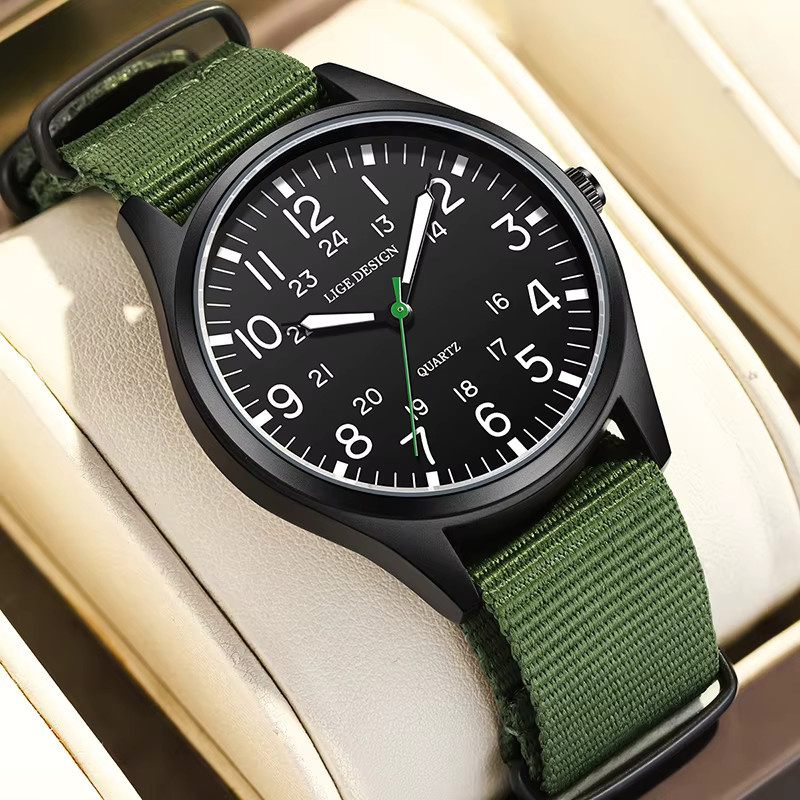 LIGE Armbanduhr Quarz, Textil/NATO, Schwarz, Herren, Datum, Leuchtzeiger - Bild 3