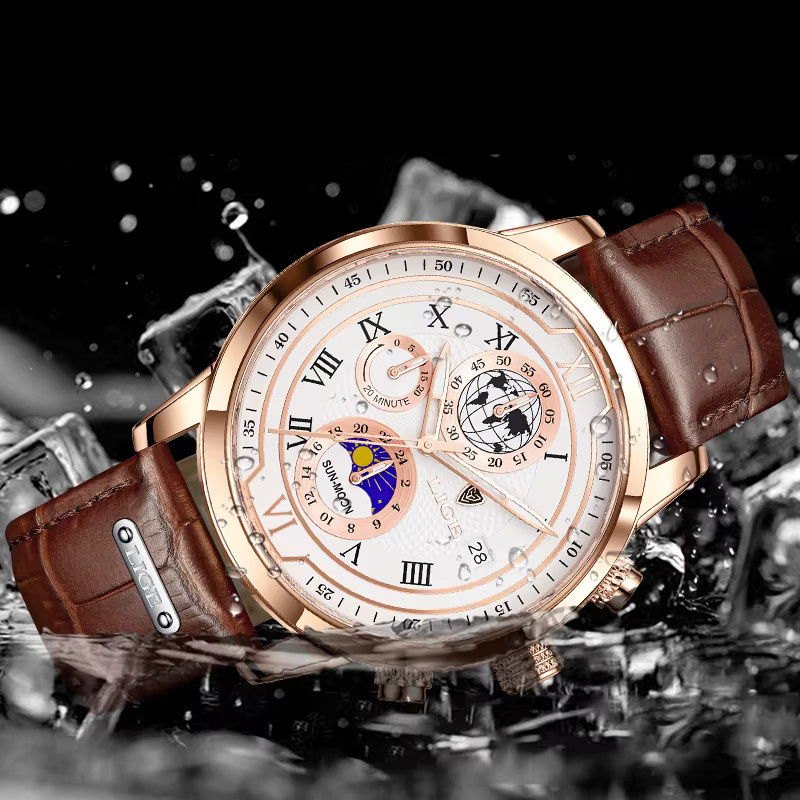 LIGE Armbanduhr Chronograph, Quarz, Edelstahl, Leder, Herren - Bild 3