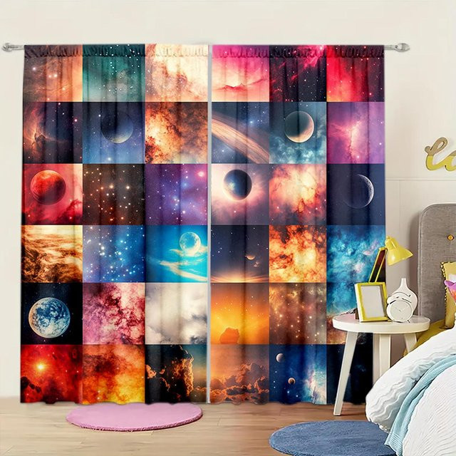 2er-Set Vorhänge mit Galaxie-Print in Blau und Multicolour, halbtransparent, B: 52,5 cm, H: 116 cm - Bild 1