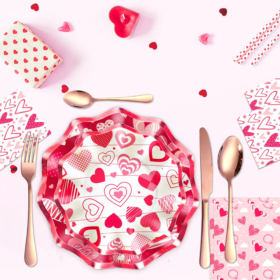 Einweg Geschirr Set aus Papier in Pink für Valentinstag, Hochzeit und Geburtstag mit Tellern, Servietten und Tassen - Bild 2
