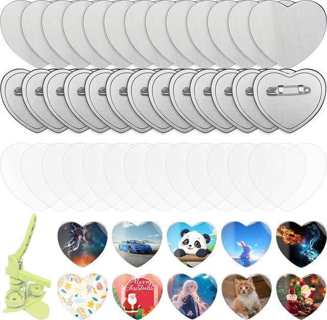 100 Sets herzförmige Metallknöpfe in Silber als Blanko-Abzeichen für Knopfmaschinen - Bild 1
