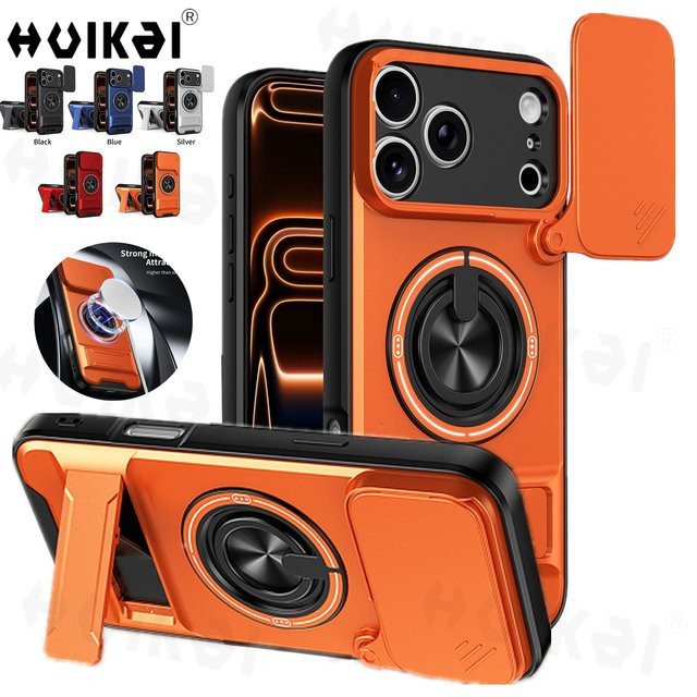 Huikai Magnetische Handyhülle mit Kameraschutz und Ständer für iPhone 17 Pro Max, 16 Pro Max, 15, 14 in Schwarz oder Orange - Bild 1