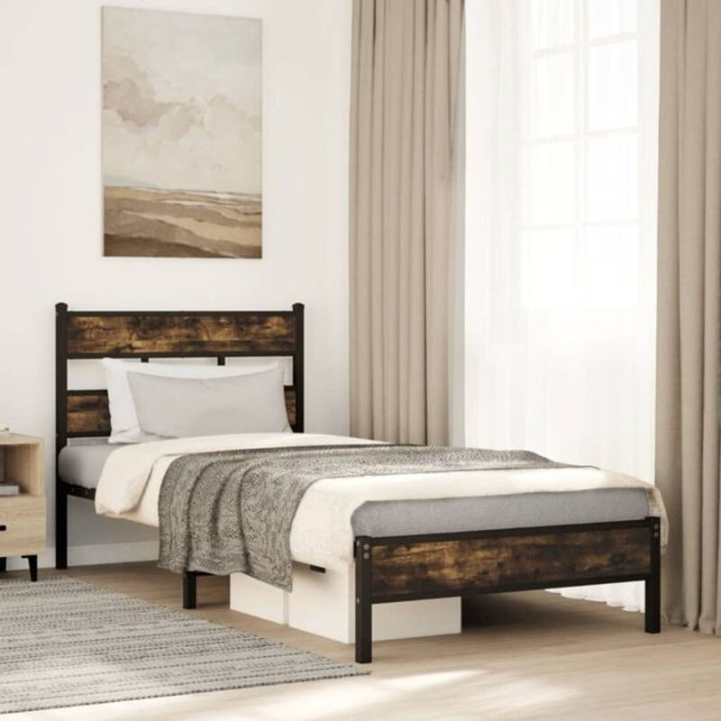 Vidaxl Metallbett im Industrial Design mit Kopfteil aus Holzwerkstoff, Braun, B/T/H: 196 x 91,5 x 80 cm, Breite: 75 cm, Länge: 190 cm - Bild 1