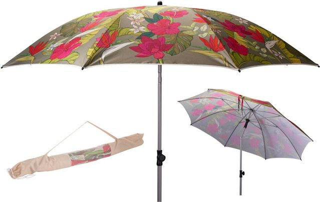 Sonnenschirm Dschungel mit Tropen-Blumenmuster in Oliv und Multicolour, knickbar, UPF 50+, Durchmesser: 200 cm - Bild 1