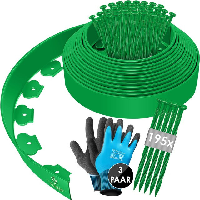 KESSER Flexible Rasenkante aus Kunststoff mit 50 Erdankern und Handschuhen, Beeteinfassung und Beetbegrenzung, Länge: 10 m, Höhe: 5 cm - Bild 1