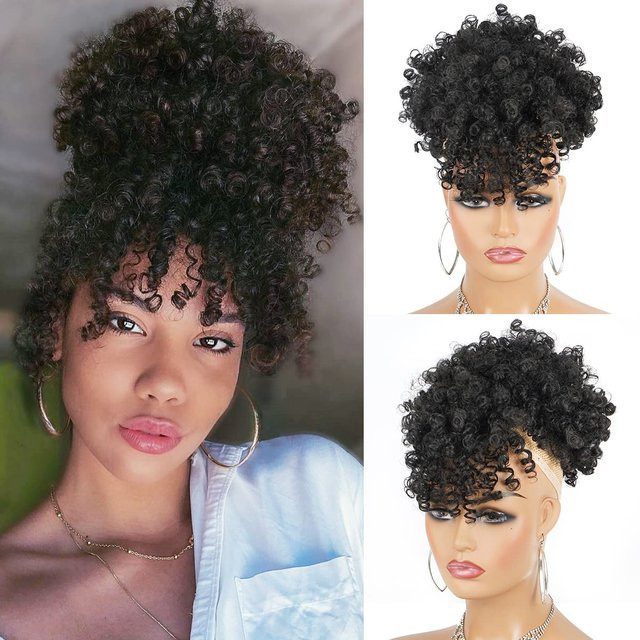 Synthetischer Afro Puff Kordelzug mit Pony, Kinky Curly Haarteil - Bild 1