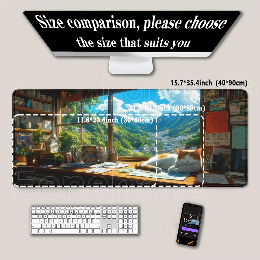Eenehana Mauspad mit Landschaft Berg Sonnenuntergang und Cartoon Katze, rutschfeste Schreibtischunterlage für PC und Gaming, B/T: 90 x 40 cm, Multicolor - Bild 3