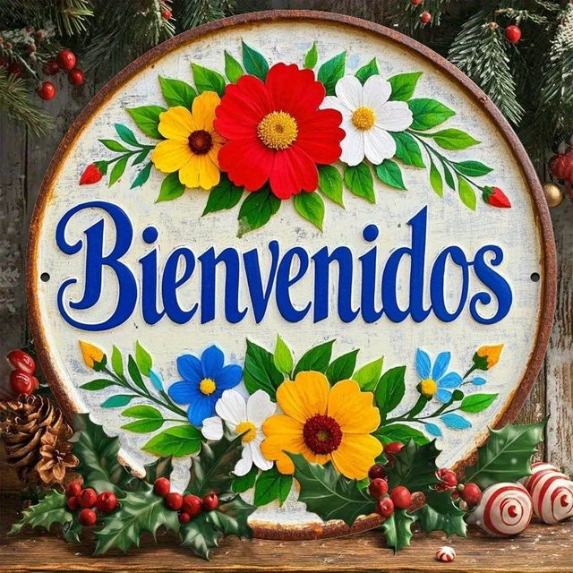Potdemiel Rundes Metallschild Spanish Flower Welcome in Multicolour, Vintage Wandkunst mit floralem Design, Durchmesser: 19,81 cm - Bild 1