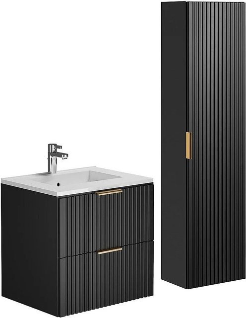 Vente-unique Badmöbel-Set Zevara im Art-déco-Stil mit Waschtisch und Hochschrank, Schwarz matt, Breite: 60 cm - Bild 1