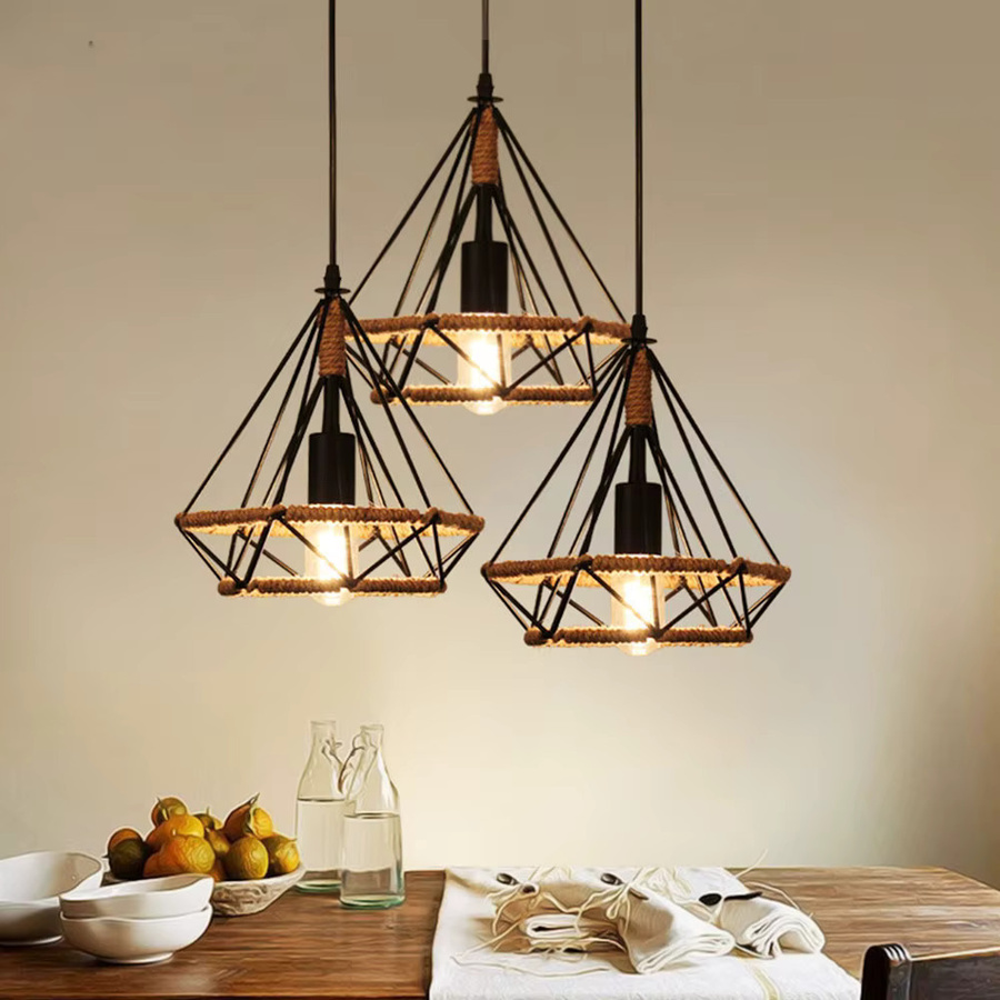 MengJay Vintage Pendelleuchte im Industrie-Loft-Stil mit E27 Fassung aus Metall und Hanfseil - Bild 2