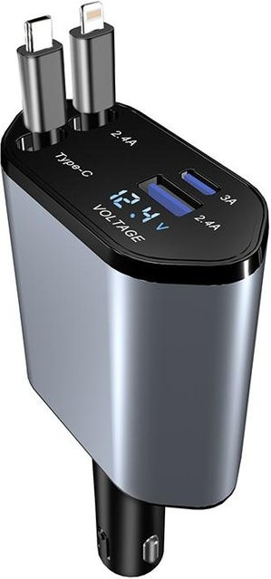 Meiteai 4-in-1 Autoladegerät mit 120 W und einziehbarem Kabel, USB-C und USB-A Schnellladeadapter mit Spannungsanzeige, Farbe: Silber - Bild 1