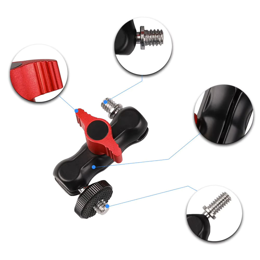 Kugelkopfklemme mit 1/4 Zoll -20 Gewinde und Magischem Arm in Schwarz für GoPro, DSLR-Kameras, Monitore, LED-Lichter und Mikrofone - Bild 4