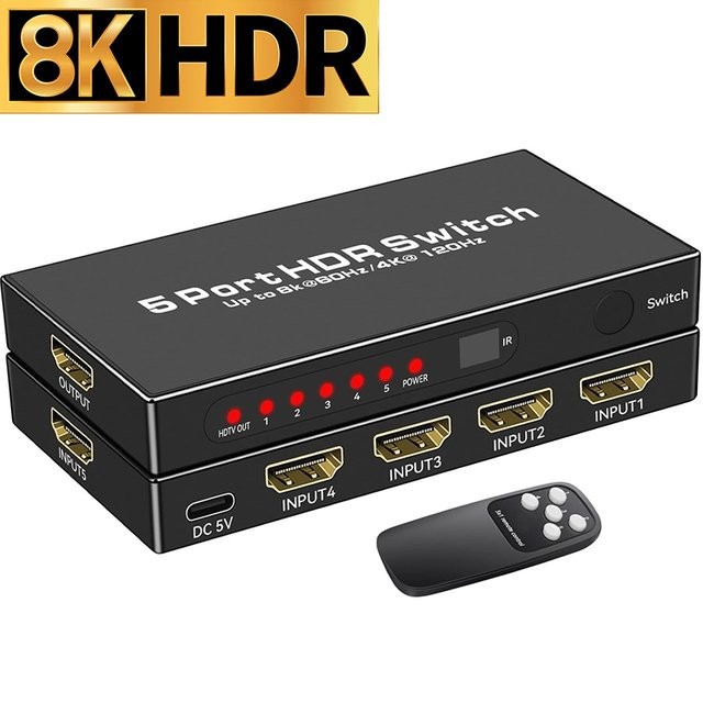 Konsenda HDMI 2.1 Switch 5 in 1 mit 8K@60Hz und 4K@120Hz, 48 Gbit/s, HDR und Fernbedienung, Schwarz - Bild 1