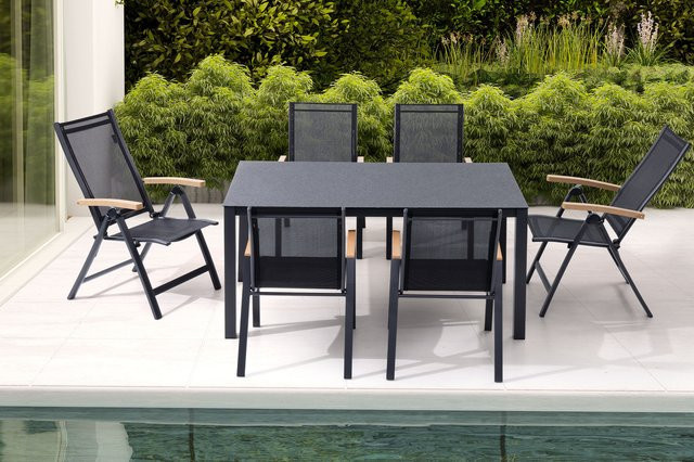 OUTFLEXX Garten-Essgruppe aus Aluminium und Spraystone in Anthrazit Matt, bestehend aus einem rechteckigen Tisch und 6 Stühlen (4 Stapelstühle und 2 Klappstühle), B/T: 160 x 95 cm - Bild 1