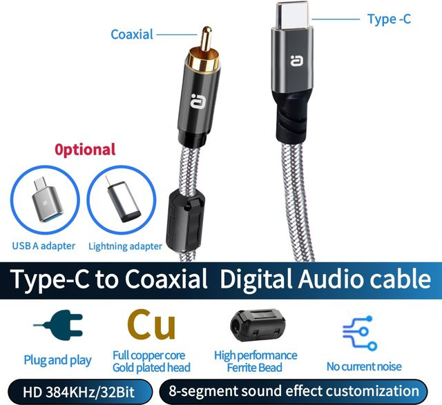 AYINO USB-C auf Digital RCA Audio Adapterkabel SPDIF für DAC Decoder und Verstärker, Schwarz - Bild 1