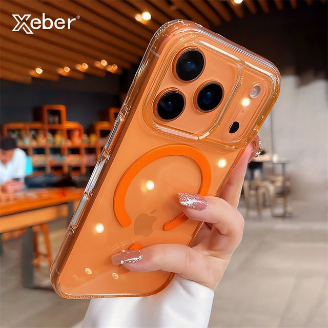 Xeber MagSafe Hülle für iPhone 17, Air 16, 14, 15 Pro Max mit stoßfestem Kamera-Steuerknopf und magnetischer kabelloser Ladefunktion, transparent/orange - Bild 1