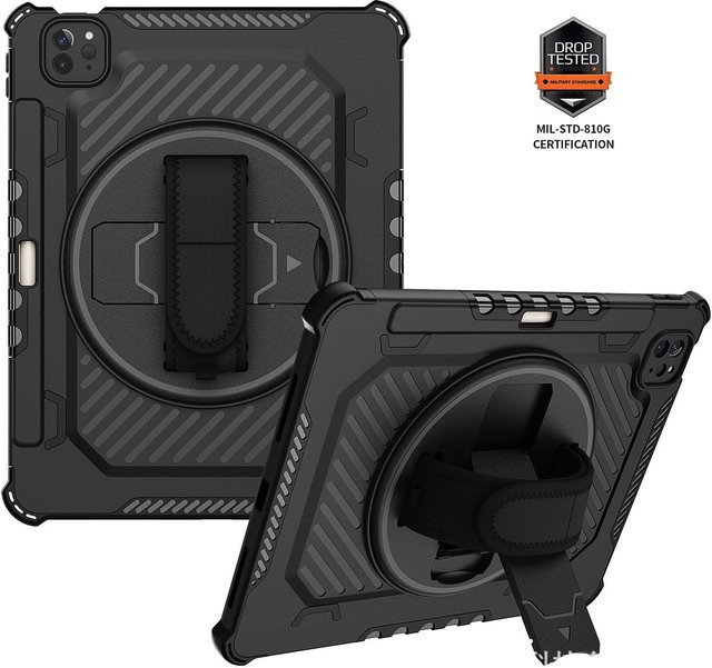 Rui Di Schutzhülle für iPad Pro, Air und Mini mit 360 Grad Ständer, Handgriff und Stifthalter in Schwarz - Bild 1