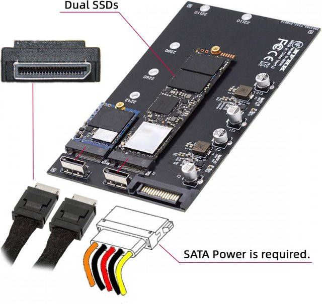 MANDERUILT Oculink auf Dual M.2 NVMe NGFF M-Key PCIe SSD Adapter für Mainboard, Schwarz - Bild 1