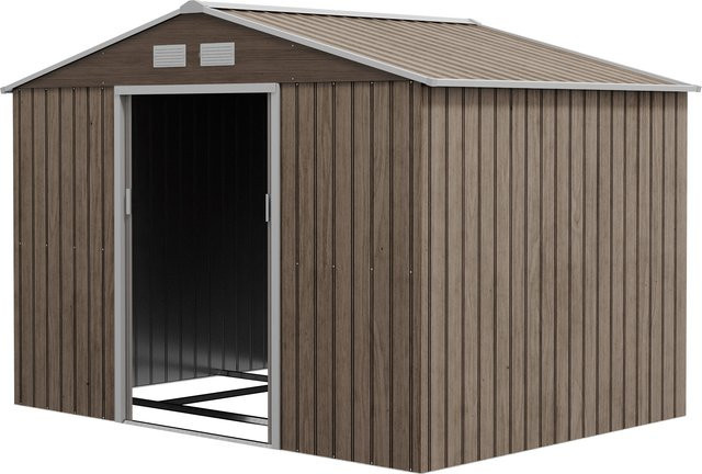 Outsunny Gerätehaus aus verzinktem Stahl mit Pultdach und Schiebetür, Braun, B: 277 cm, T: 195 cm, H: 192 cm - Bild 1