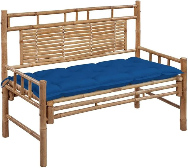 furnicato Gartenbank aus Bambus mit blauer Auflage, Breite: 120 cm - Bild 1